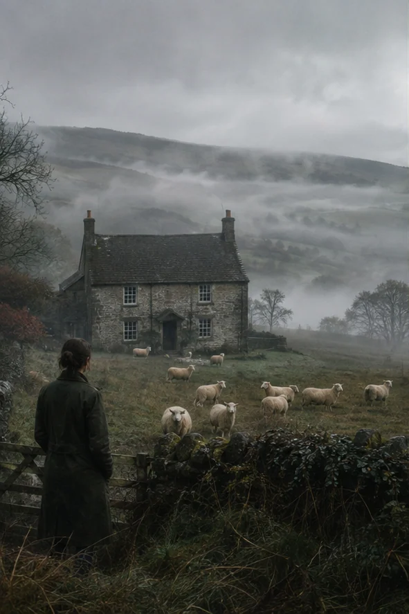 Broken Country editorial scene: A lonely Dorset farmhouse among sheep and morning mist