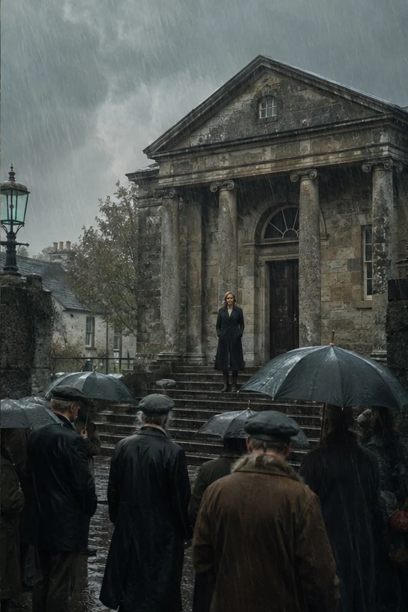 Broken Country editorial scene: A rural courthouse under driving rain