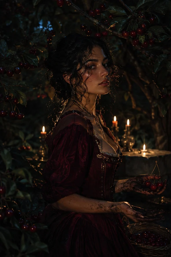 Bury Our Bones in the Midnight Soil editorial scene: A moonless orchard in sixteenth-century Spain
