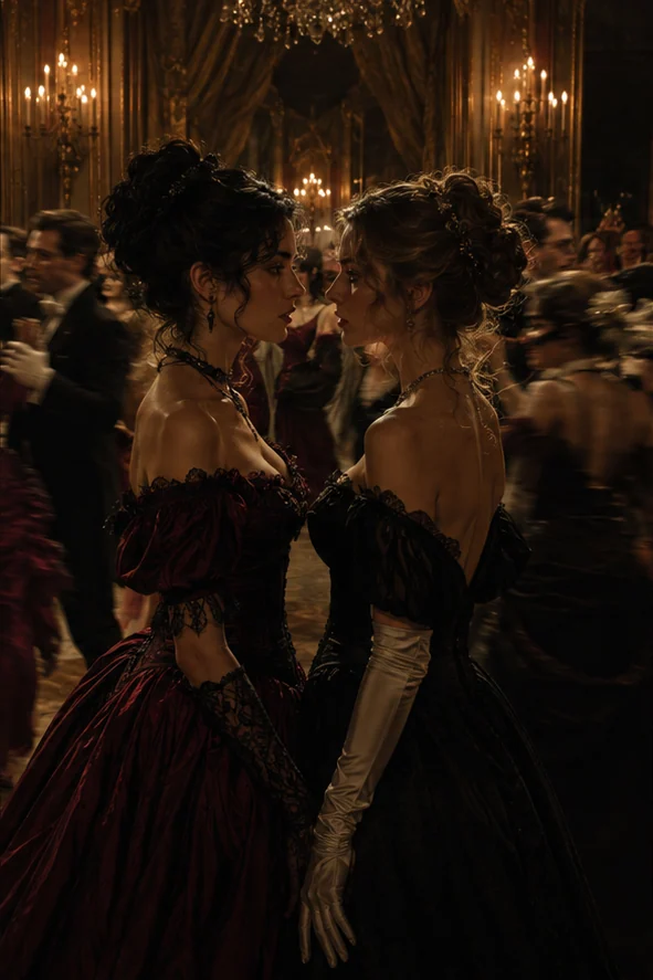Bury Our Bones in the Midnight Soil editorial scene: A candlelit nineteenth-century London ballroom