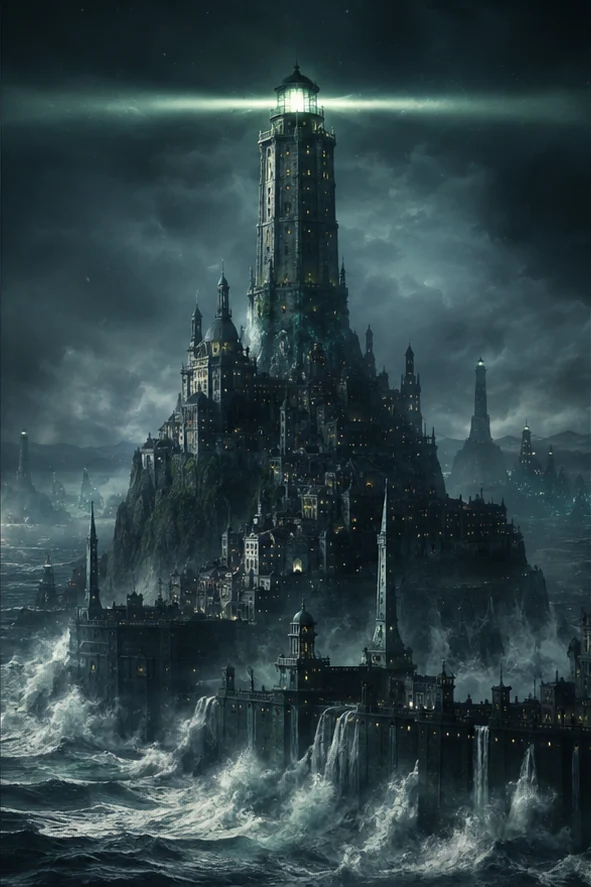 Deep Sea Embers editorial scene: An island city beneath a colossal lighthouse