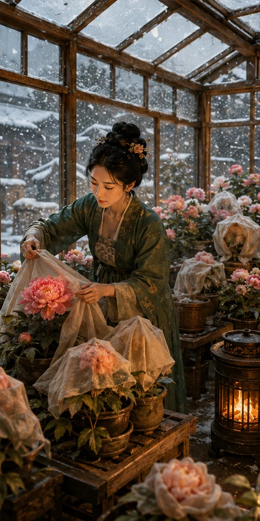 Flourished Peony editorial scene: Protecting rare peonies inside a winter greenhouse