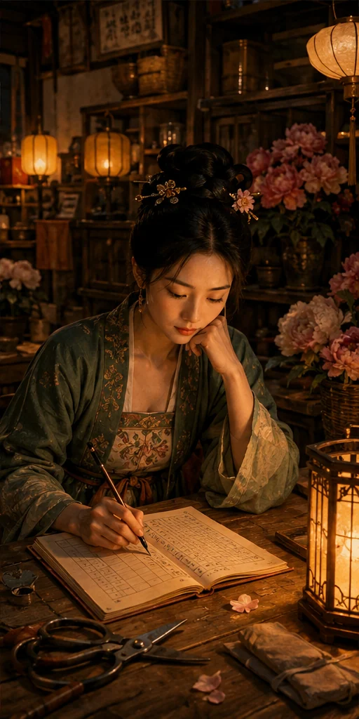 Flourished Peony editorial scene: Ledgers and garden shears in a lantern-lit flower shop