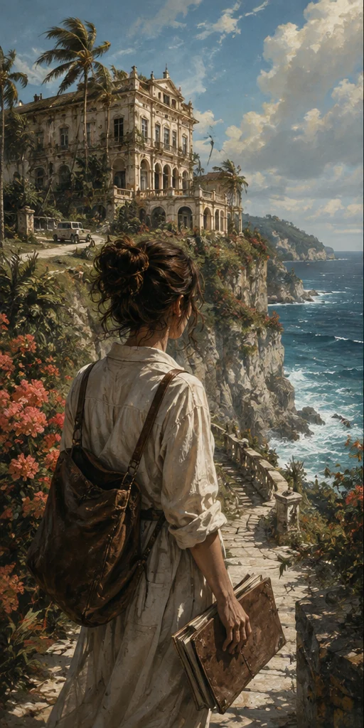 Great Big Beautiful Life editorial scene: An old island estate above a bright Atlantic cliff