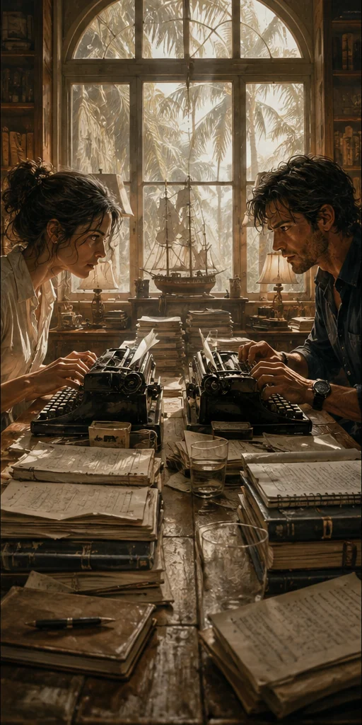 Great Big Beautiful Life editorial scene: Two rival typewriters facing one another
