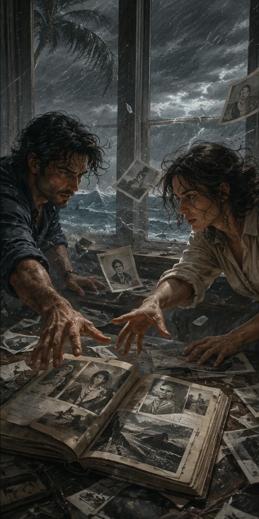 Great Big Beautiful Life editorial scene: A family album opened during an island storm