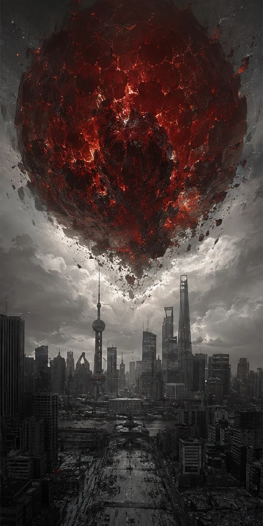 I Am Not the God of Drama editorial scene: A crimson meteor above a frozen grey metropolis