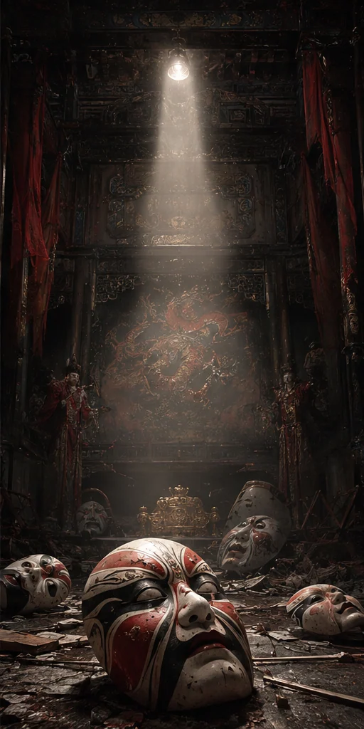 I Am Not the God of Drama editorial scene: A lone spotlight awakening in an abandoned theatre