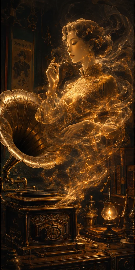 Lord of Providence editorial scene: A mysterious woman emerging from a gramophone