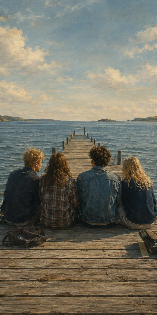 My Friends editorial scene: Four teenage friends sitting on a long seaside pier