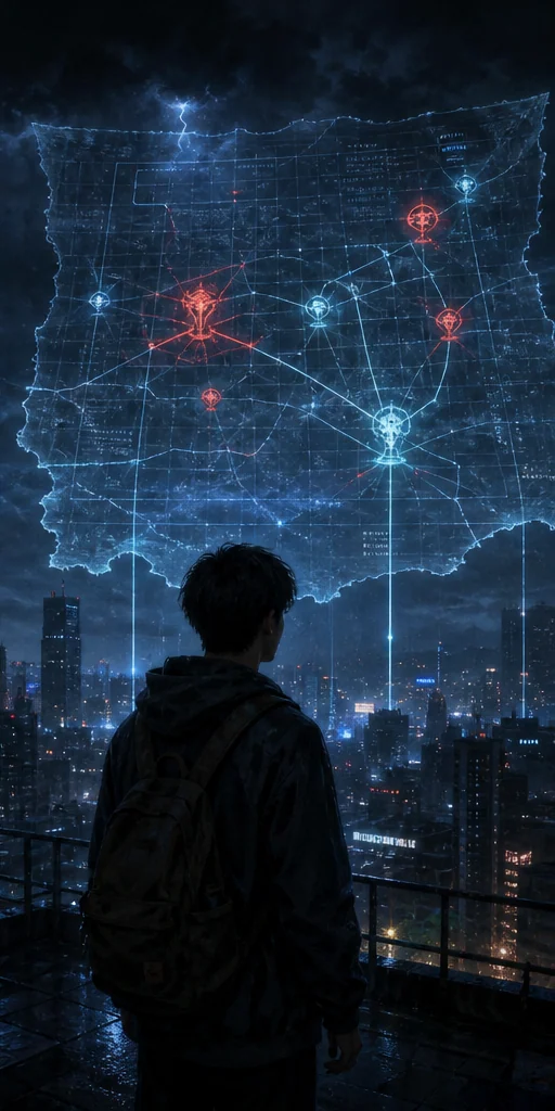 Spirit Realm Walker editorial scene: A supernatural mission map unfolding above a modern city