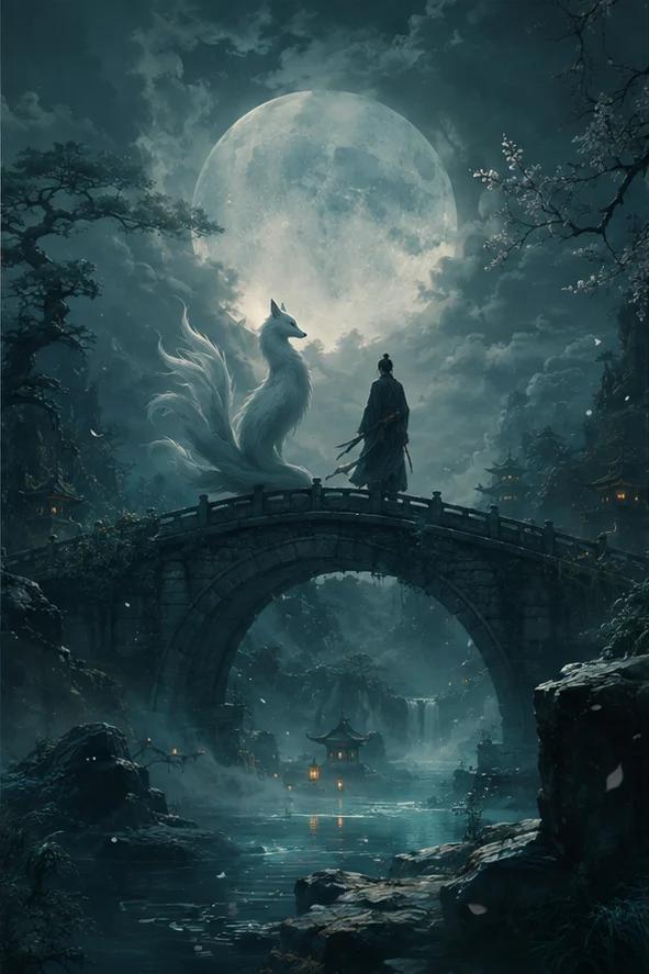 Tales of the Strange editorial scene: A fox spirit's silhouette beside an ancient moonlit bridge