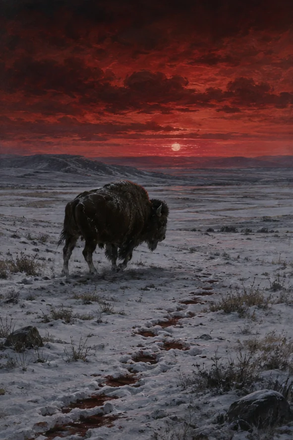 The Buffalo Hunter Hunter editorial scene: A lone buffalo crossing a blood-red winter prairie