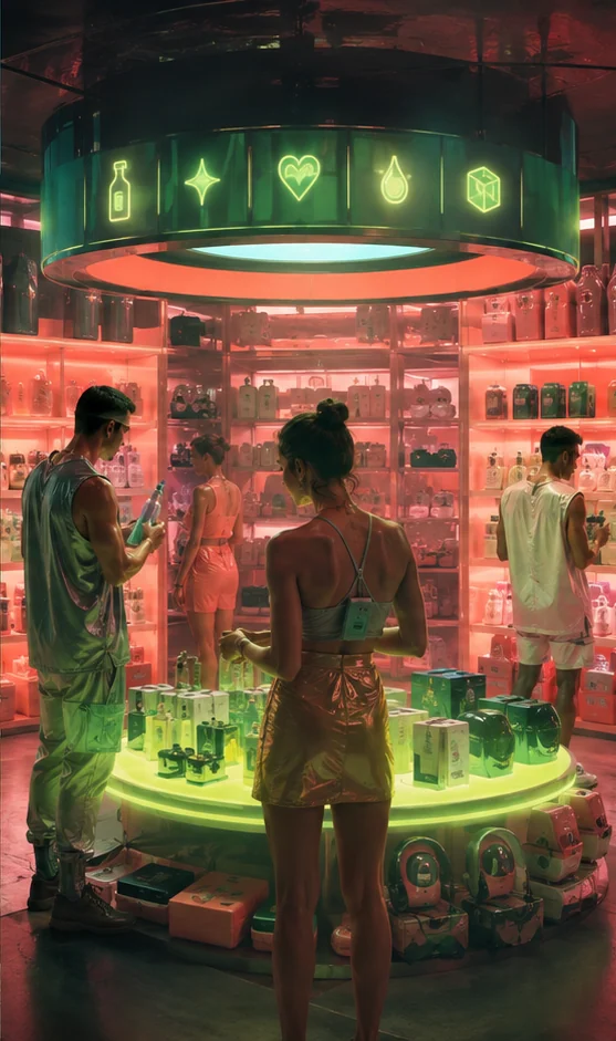 The Compound editorial scene: A neon supermarket where every item costs game points