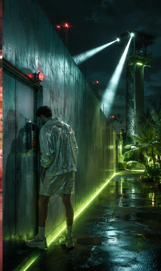 The Compound editorial scene: Searchlights sweeping the compound walls after dark