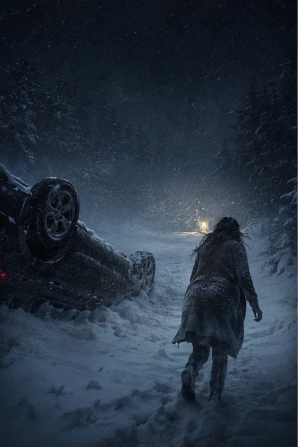 The Crash editorial scene: An overturned car disappearing into a Maine blizzard