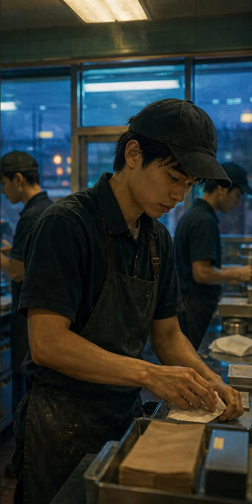 The Emperor of Gladness editorial scene: Blue dawn light inside a small-town fast-food restaurant