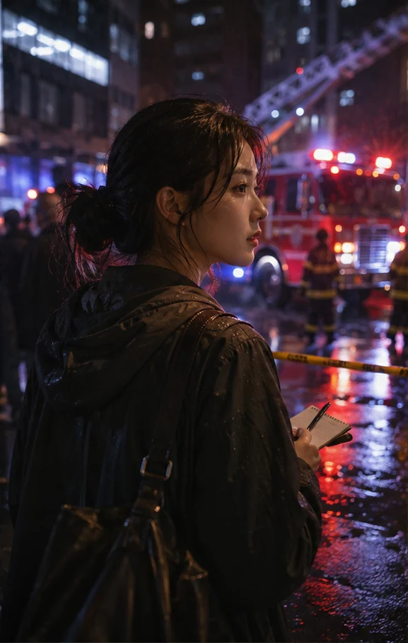 The First Frost editorial scene: A late-night news scene washed in emergency lights
