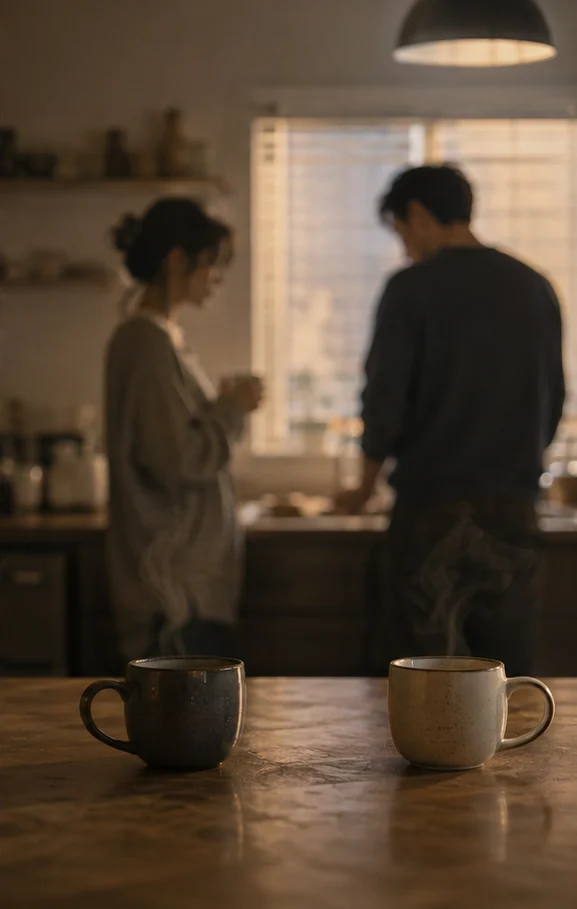 The First Frost editorial scene: Two untouched coffees in a quiet shared apartment