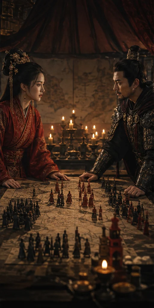 The Prisoner of Beauty editorial scene: Two armies marked on a candlelit campaign map