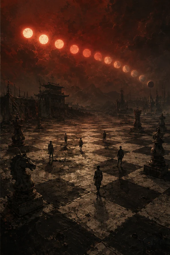 The Ten-Day End editorial scene: A giant game board beneath a countdown sky