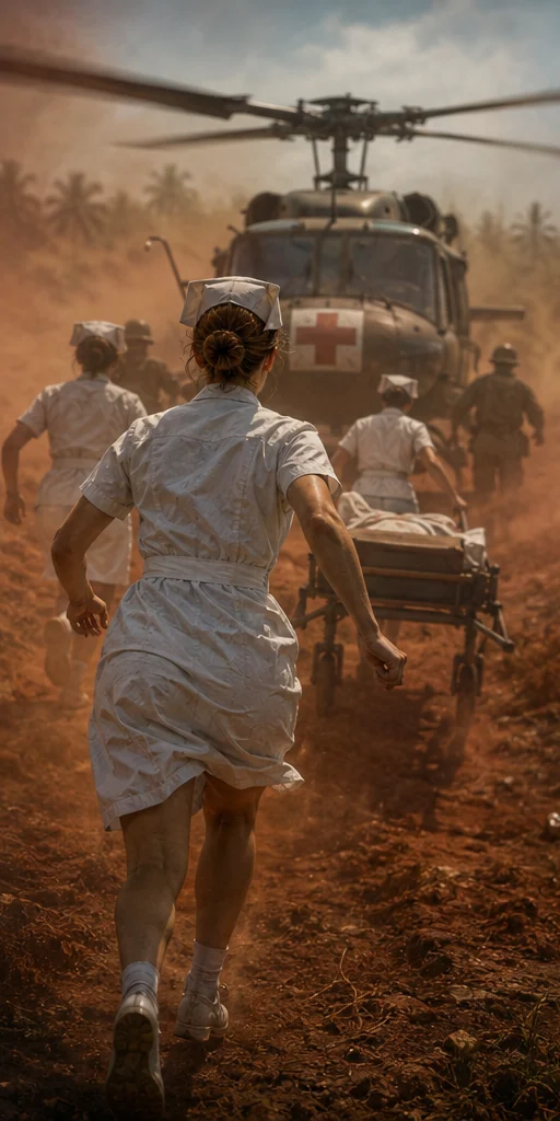 The Women editorial scene: Combat nurses running toward a landing helicopter