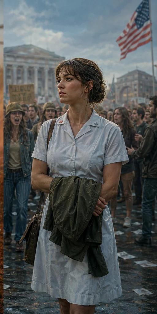 The Women editorial scene: A returned nurse standing outside a divided homecoming crowd