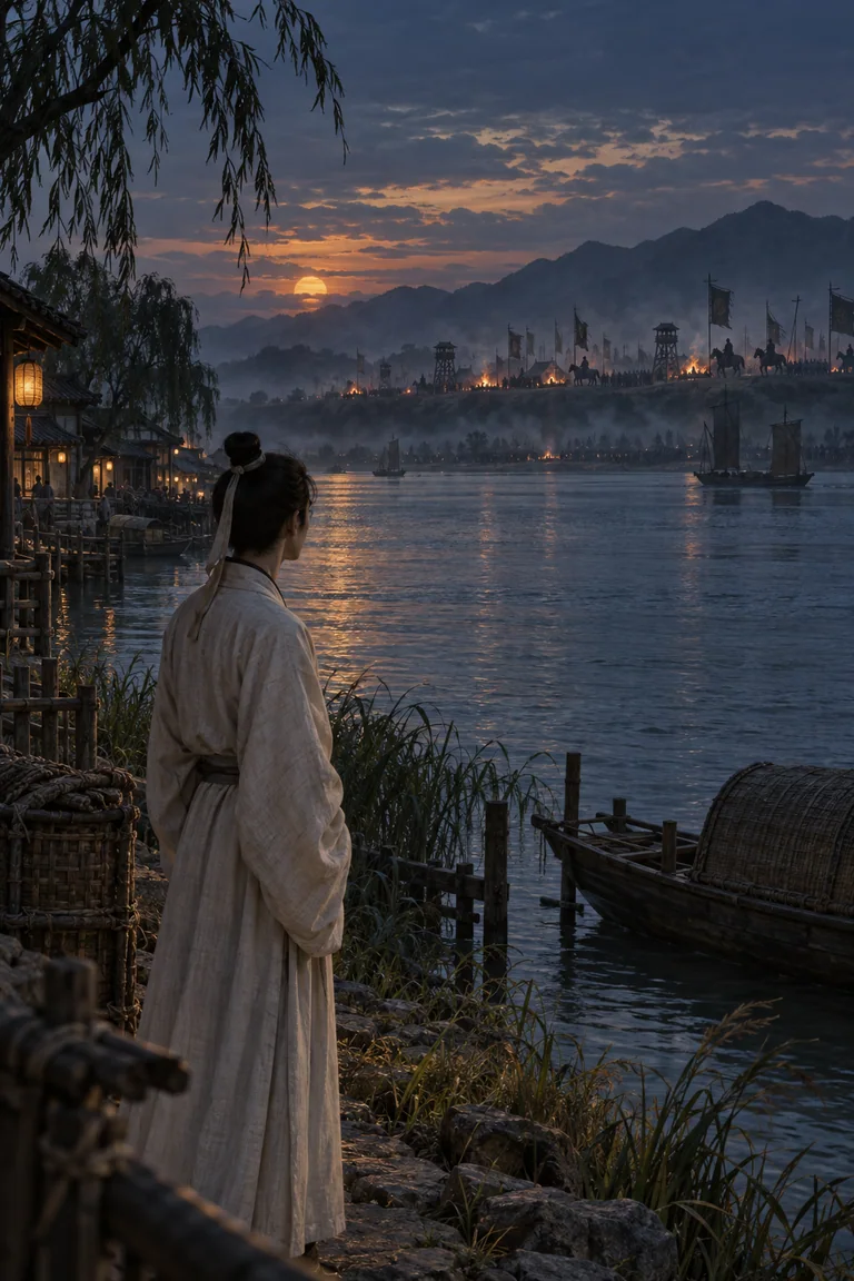 《冒姓琅琊》：暮色中青年隔江望向远处的骑兵营地，水岸与营火映出南北局势
