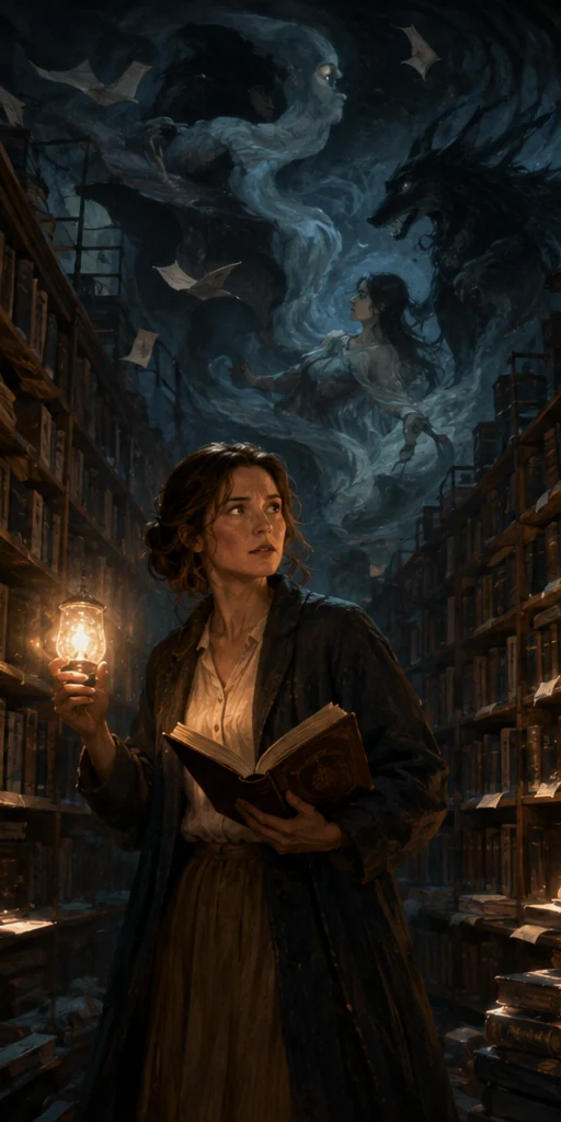 Ms Atkins und die Bibliothek der Träume editorial visual: Characters facing the central conflict