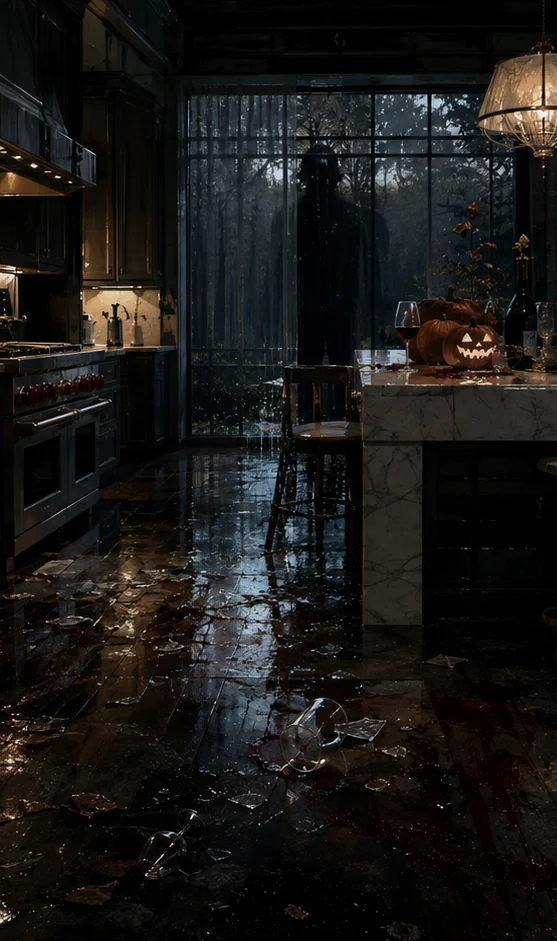 Not Quite Dead Yet editorial scene: A dark kitchen after a violent Halloween night
