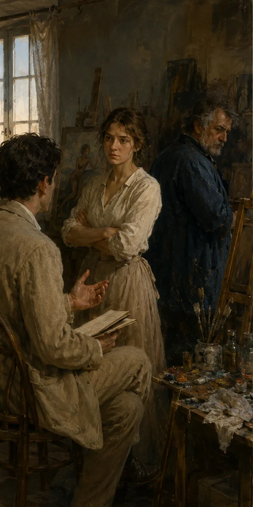 The Artist editorial visual: Characters facing the central conflict