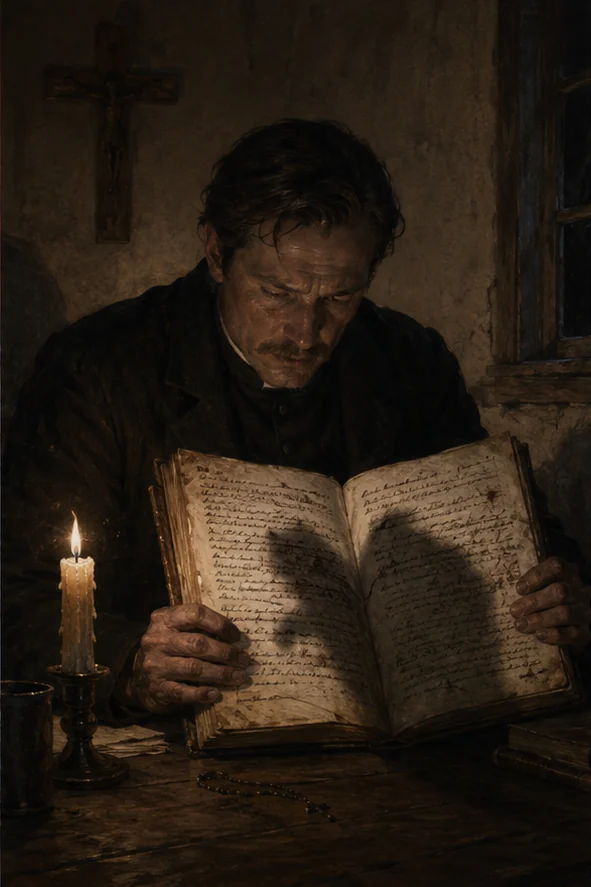 The Buffalo Hunter Hunter editorial scene: A pastor reading a forbidden 1912 journal by candlelight