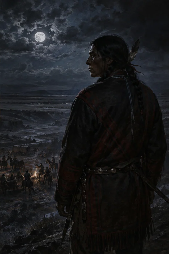 The Buffalo Hunter Hunter editorial scene: A Pikuni vampire stalking hunters beneath the moon