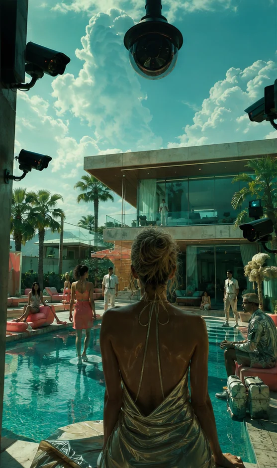 The Compound editorial scene: Omnipresent cameras around a too-perfect villa pool