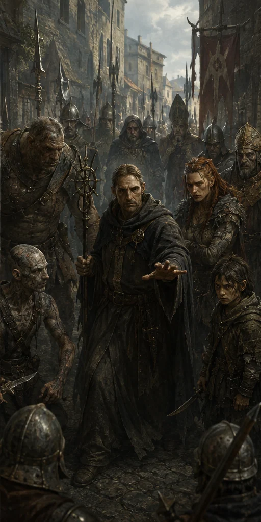 The Devils editorial visual: Characters facing the central conflict