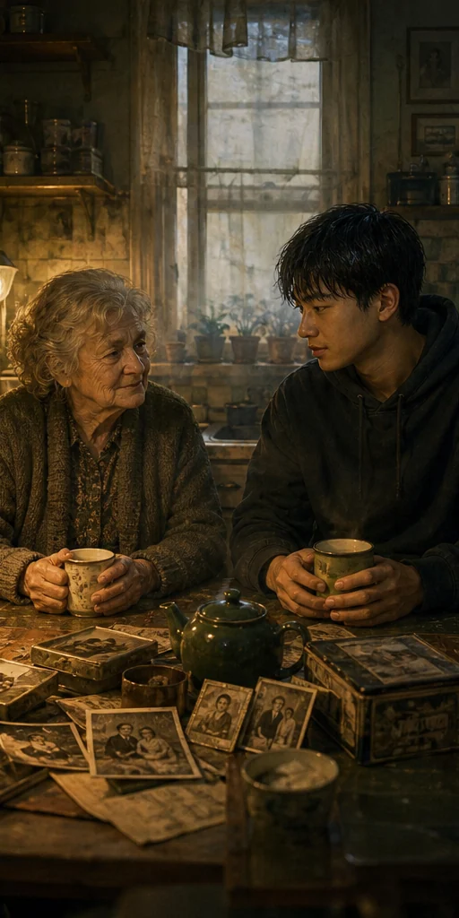 The Emperor of Gladness editorial scene: Two generations sharing a quiet old-house kitchen