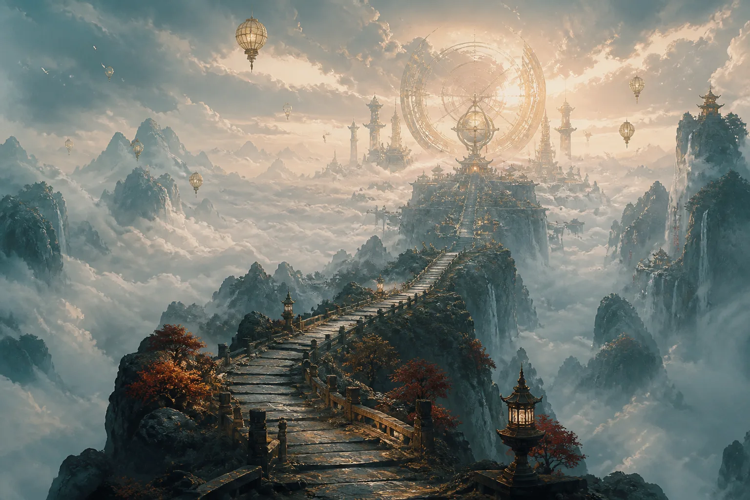 群山云海上的天空城与古老石路